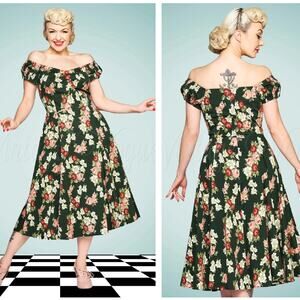 COLLECTIF Dolores Pink Bloom Midi Doll Dress Sz 2XL UK 20 {HH43}